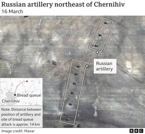 Maxar Satellite image annotated to show Russian artillery and the distance to the bread-queue attack using a map