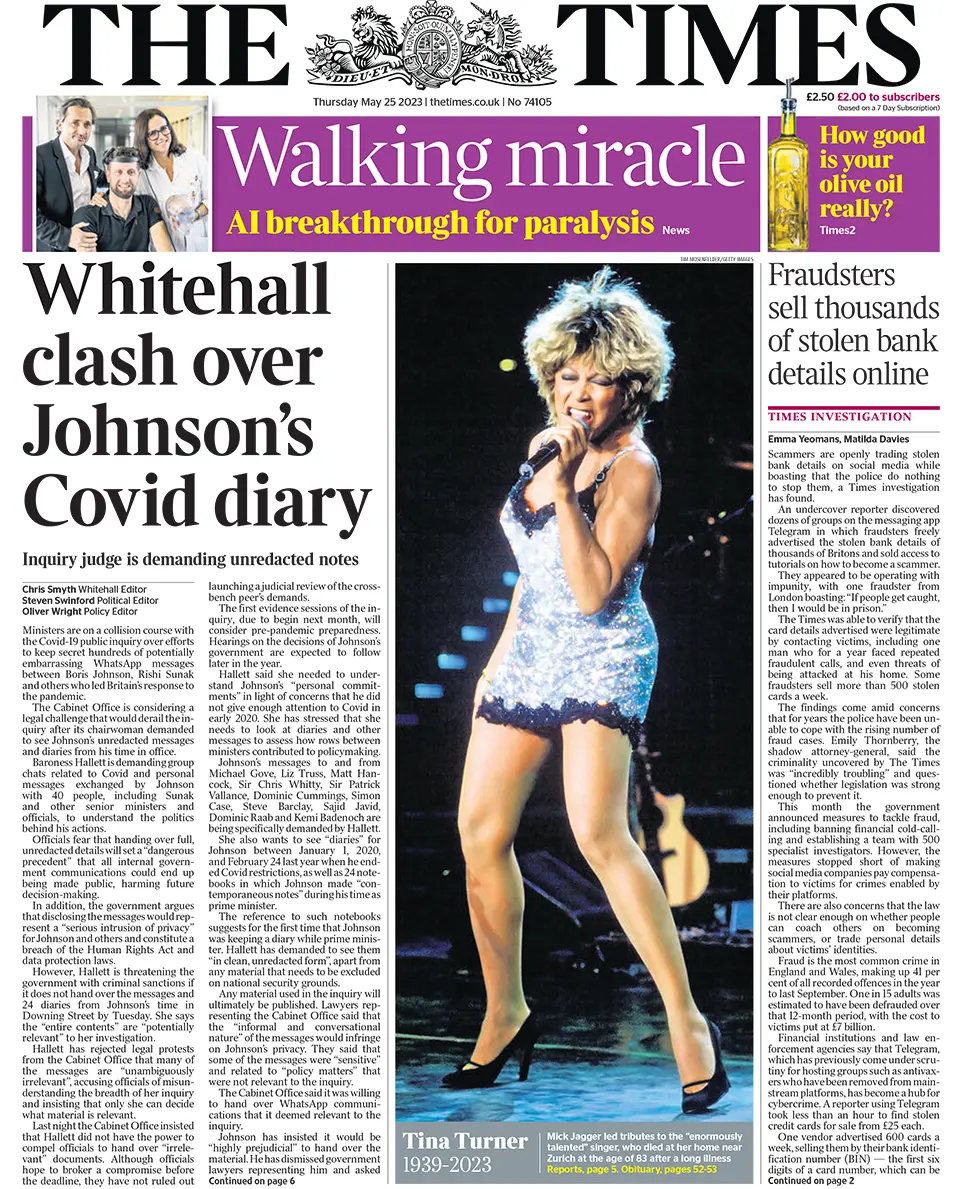 The headline in the Times reads: "Whitehall clash over Johnson's Covid diary"