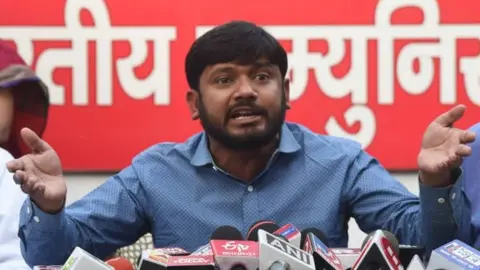 AFP Ex-president of JNU Students Union Kanhaiya Kumar addressing a press conference ahead of Lok Sabha Election 2019 at Janshakti office, on March 24, 2019 in Patna, I