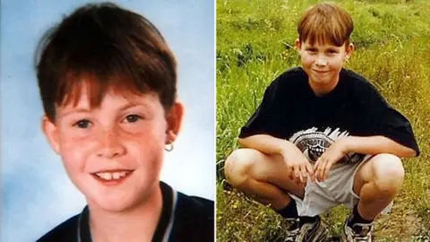 Netherlands Police A composite image shows two photos of Nicky Verstappen - on the left, a portrait, and on the right, a casual shot in a field of grass. He is about 11 years old, wearing an earring on his left ear, with a fringe haircut