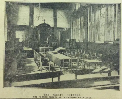 Belfast Telegraph Black and White photograph of chairs around a long table in the college chapel