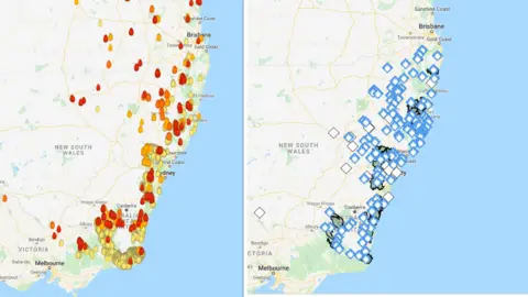 New South Wales Rural Fire Service; MyFireWatch In contrast to MyFireWatch maps (right), blue symbols on New South Wales Rural Fire Service maps (right) give 'Advice' warnings, indicating no immediate danger