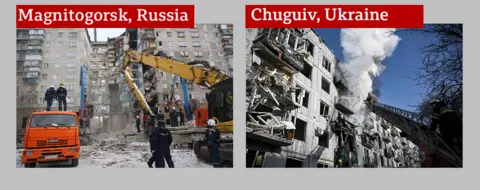 Getty Images Ruined buildings in Magnitogorsk and Chuhuiv