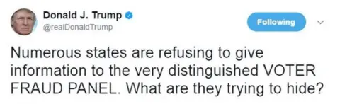 Twitter/@realdonaldtrump Tweet from @realDonaldTrump reading: "Numerous states are refusing to give information to the very distinguished VOTER FRAUD PANEL. What are they trying to hide?"