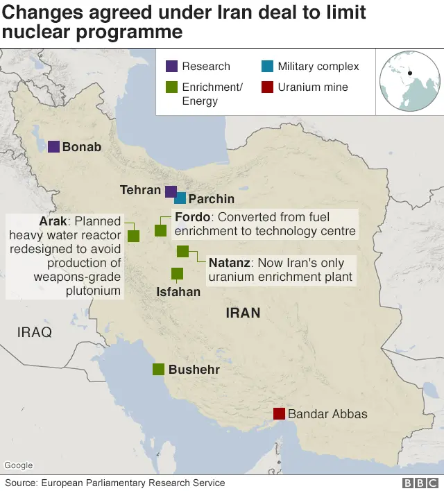 Map showing sites associated with Iran's nuclear programme