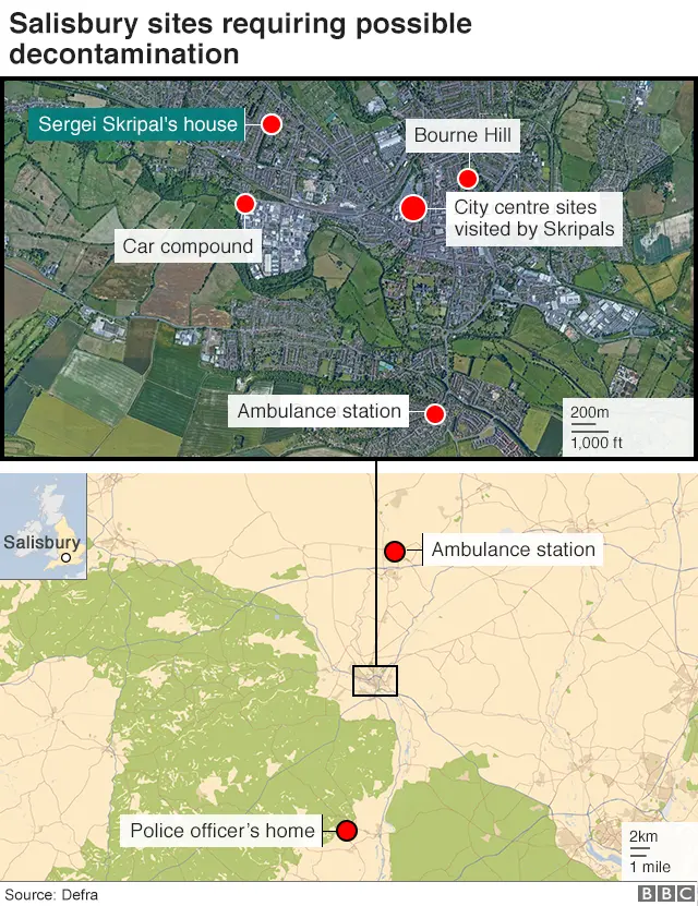 Map of Salisbury showing sites likely to need decontaminating