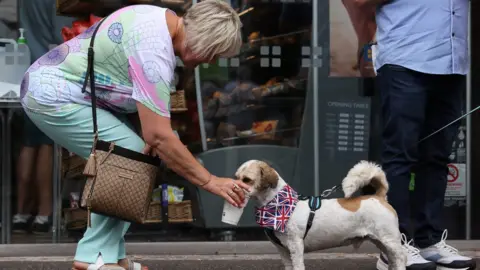 PA Media A woman gives her dog water in Belfast