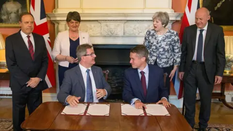 PA Media Nigel Dodds, Arlene Foster, Jeffrey Donaldson, Gavin Williamson, Theresa May and Damian Green