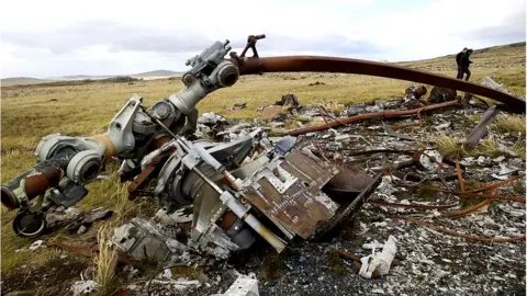 Getty Images View of the wreckage of an Argentine helicopter used during the 1982 conflict, near Port Stanley