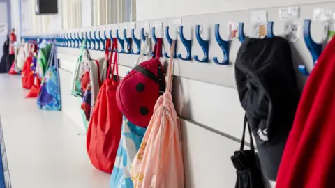 Getty Images Children's bags on pegs