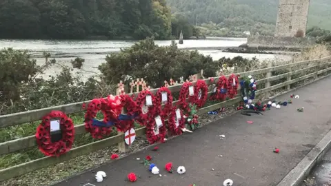 Memorial to the Narrow Water Massacre Facebook Vandalised wreaths at Narrow Water