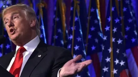 AFP Donald Trump gives a speech during election night at the New York Hilton