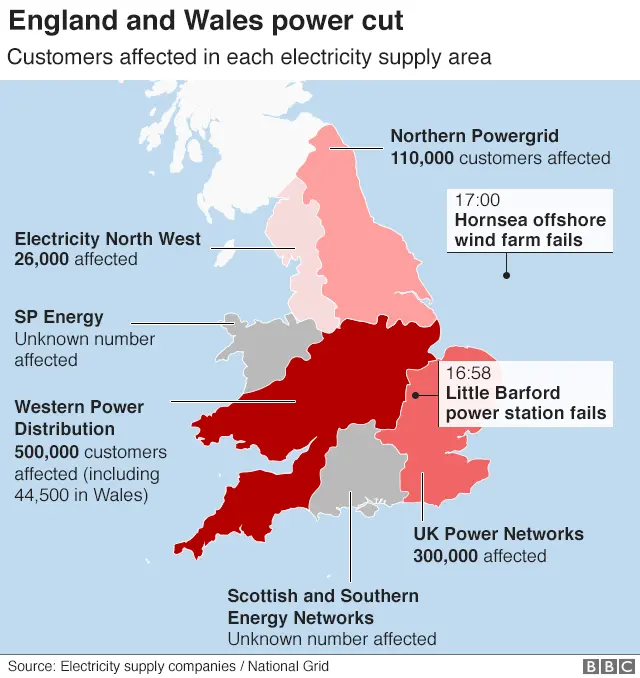 Graphic showing areas of England and Wales affected by power cut