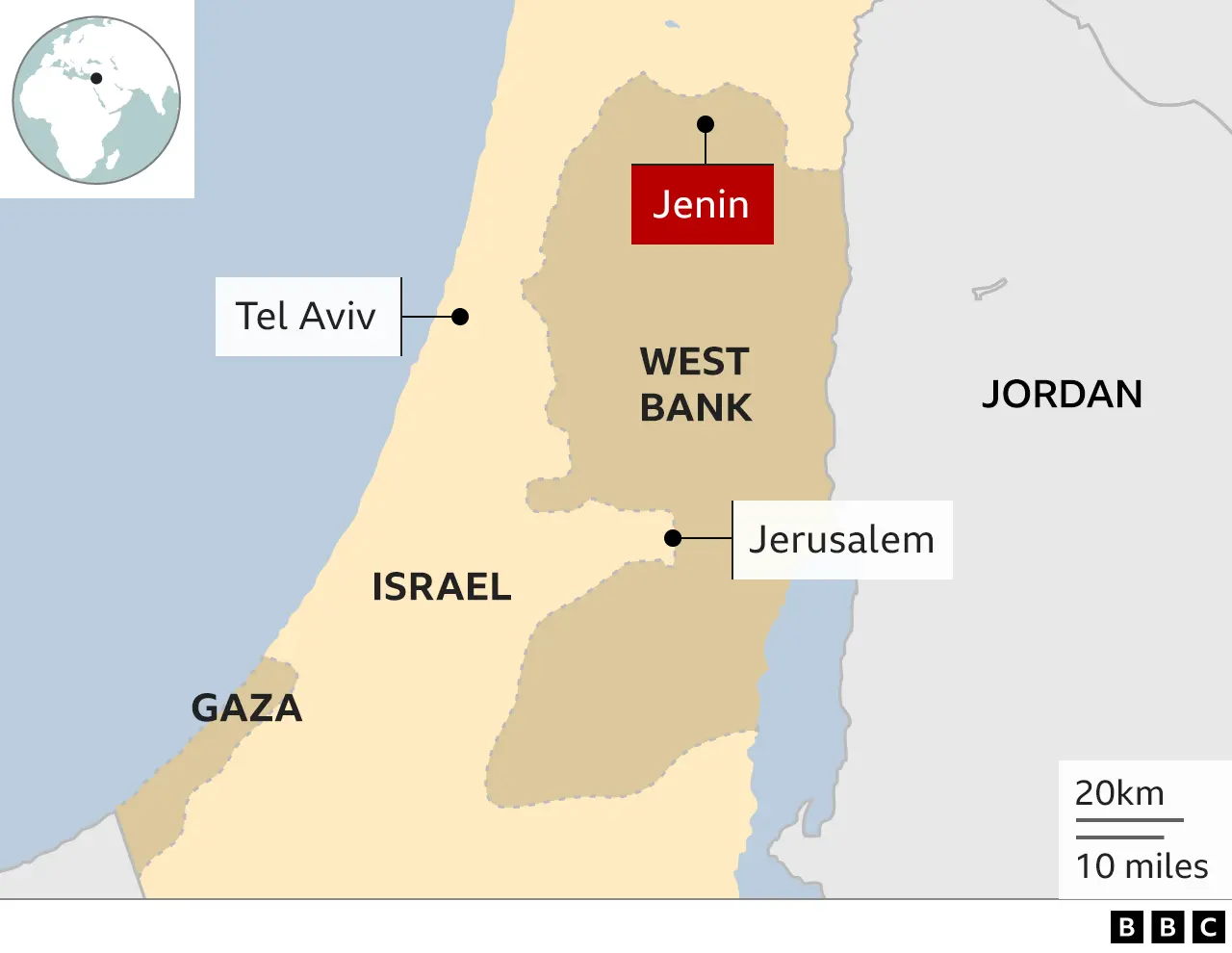 Map of Israel and the occupied West Bank, showing the location of Jenin