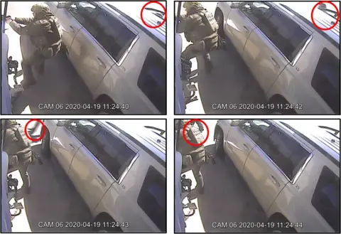 Courtesy Mass Casualty Commission PC Hubley, seen from CCTV cameras, as he spots the gunman at the petrol station