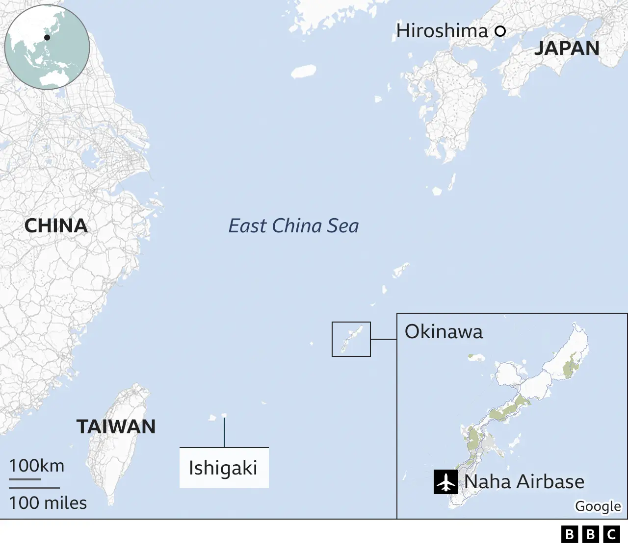 BBC map showing location of Okinawa and Ishigaki in Japan