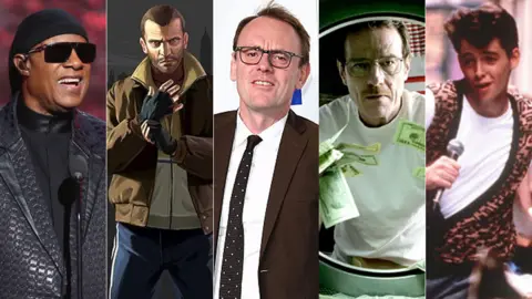 Getty Images/Rockstar/AMC/AP Stevie Wonder, Niko Bellic, Sean Lock, Walter White, Ferris Bueller