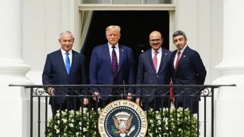 EPA Israeli Prime Minister Benjamin Netanyahu, US President Donald J. Trump, Bahrain Foreign Affairs Minister Sheikh Khalid Bin Ahmed Al-Khalifa, and UAE Foreign Affairs Minister Sheikh Abdullah bin Zayed bin Sultan Al Nahyan during the Abraham Accords signing