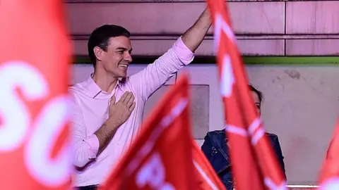 AFP Spanish PM Pedro Sanchez waves during an election night rally in Madrid after general elections on April 28, 2019