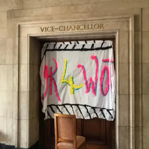 University of Nottingham Student Solidarity Group Banner in the vice-chancellor's office