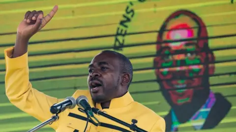 Citizens Coalition for Change (CCC) party leader Nelson Chamisa addresses supporters at the Zimbabwe Grounds for the launch the new party in Harare, February 20 2020.