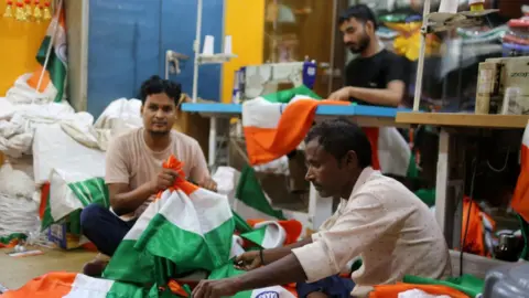 Getty Images Indian National Flag at a factory in Sadar Bazar, on 6 August, 2023 in New Delhi, India.