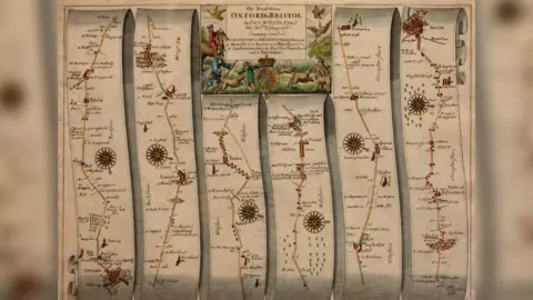 David Mitchell An old map, snaking over the page in vertical strips following the line of the road and it's settlements