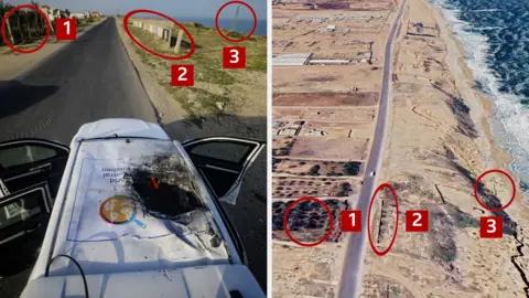 Reuters/Google A photo of a a heavily damaged vehicle, where features - including trees and pylons are circled and compared with a satellite image of the same road.w