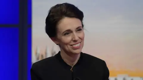 BBC New Zealand Prime Minsiter Jacinda Ardern smiles during an appearance on the BBC's Sunday with Laura Kuenssberg