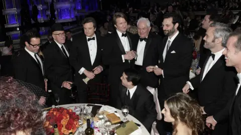 Getty Images Guy Pierce, Geoffrey Rush, Colin Firth, Tom Hooper, David Seidler during the 68th Annual Golden Globe Awards at the Beverly Hilton Hotel in January 2011