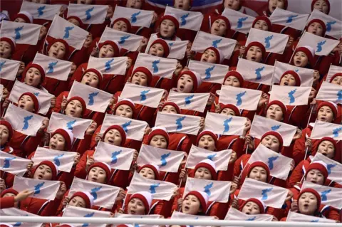 Getty Images North Korean cheerleaders hold unification flags
