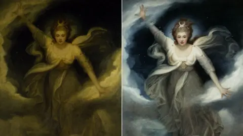 Chatsworth House Trust Before and after pictures of a Maria Cosway painting of Lady Georgiana, Duchess of Devonshire