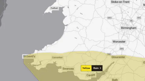 Met Office Yellow rain warning Met Office map showing south Wales counties affected on 23 and 24 December, 2020