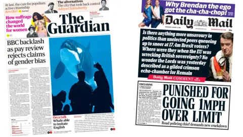 Guardian and Daily Mail front pages for 31/01/18