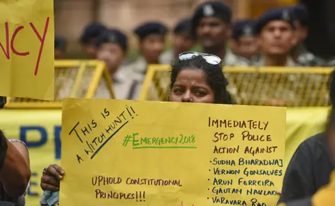 Getty Images : Citizens stage a protest against the police raids and illegal arrest of human right activists, at Maharashtra Sadan, on August 29, 2018 in New Delhi, India