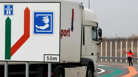 Reuters lorry next to customs sign at French terminal