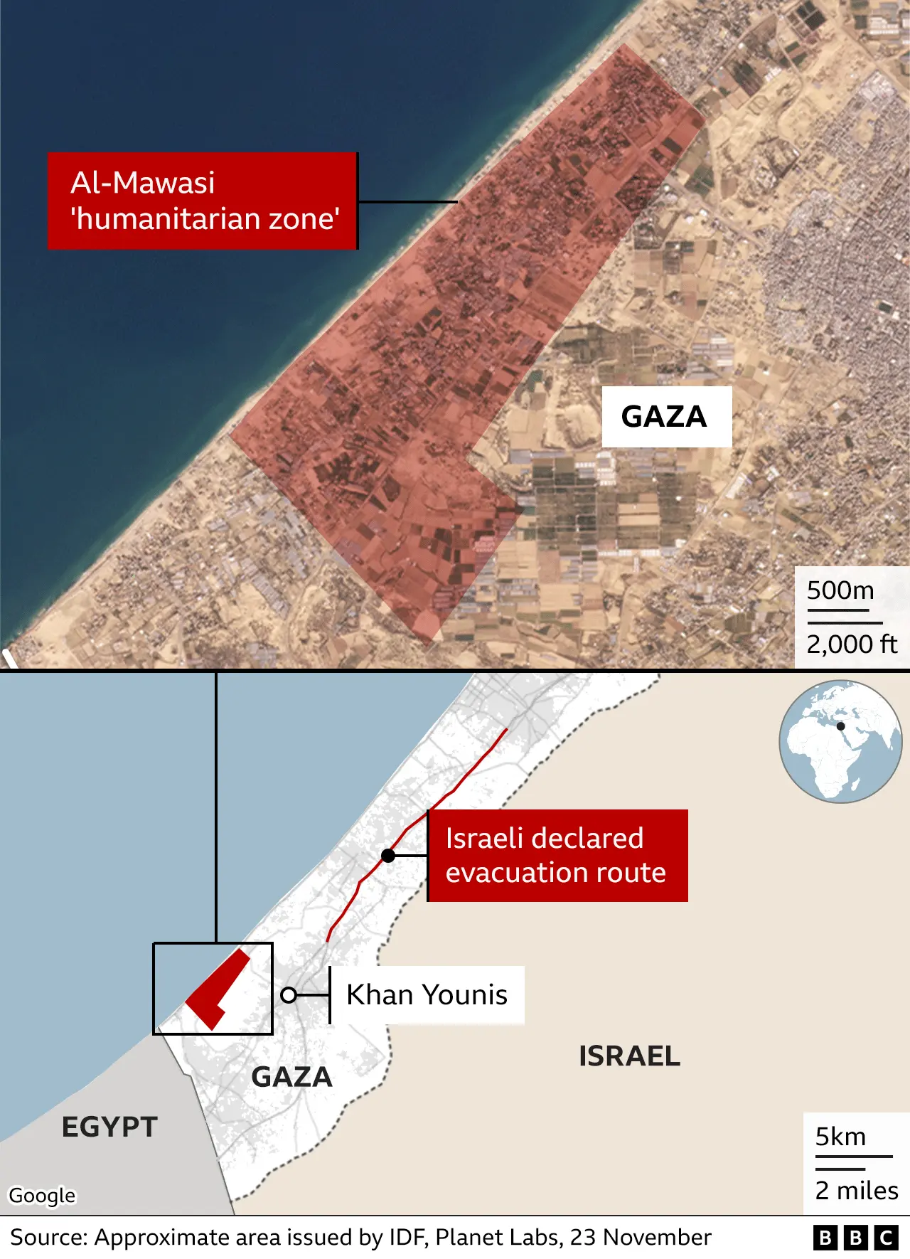 Map showing the approximate area of the Al-Mawasi 'humanitarian zone'