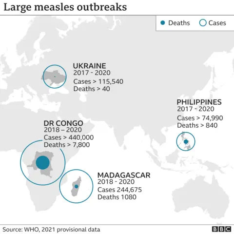 A map of countries with recent measles outbreaks