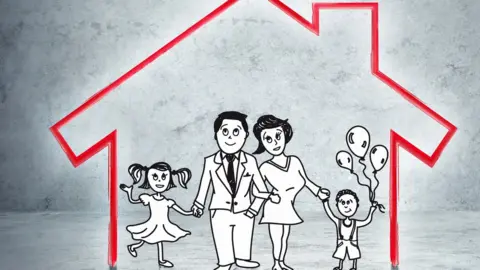 Getty Images house with cartoon family