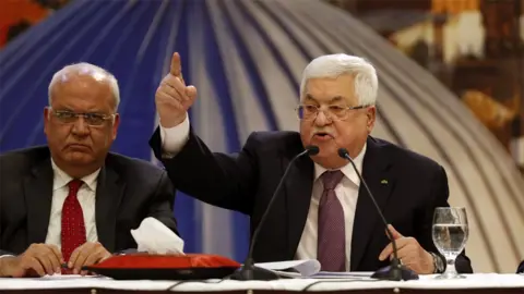 EPA Palestinian President Mahmoud Abbas speaks in Ramallah on 28 January 2020