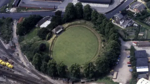 Clwyd-Powys Archaeological Trust Remains of Welshpool's motte and bailey castle from the air