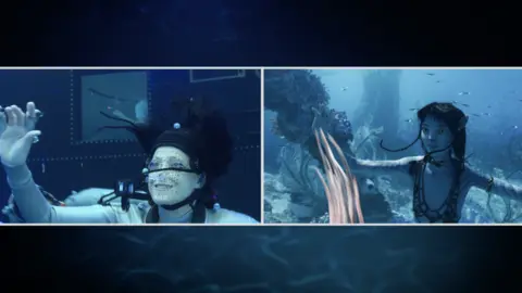 20th Century Studios Sigourney Weaver being filmed underwater as her on-screen character mirrors her actions