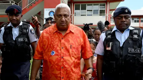Reuters Frank Bainimarama walks with two police officers