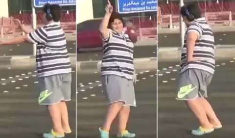 TWITTER @ahmed Three collaged screengrabs show a teen wearing a striped shirt and sport shorts at various stages of doing the popular Macarena dance in a Saudi street