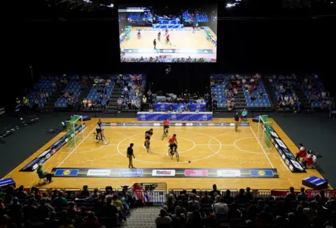 PA Media Action from Canada versus Hong Kong in the Men’s Elite Cycle-ball League B on day nine of the 2023 UCI Cycling World Championships at the Emirates Arena, Glasgow