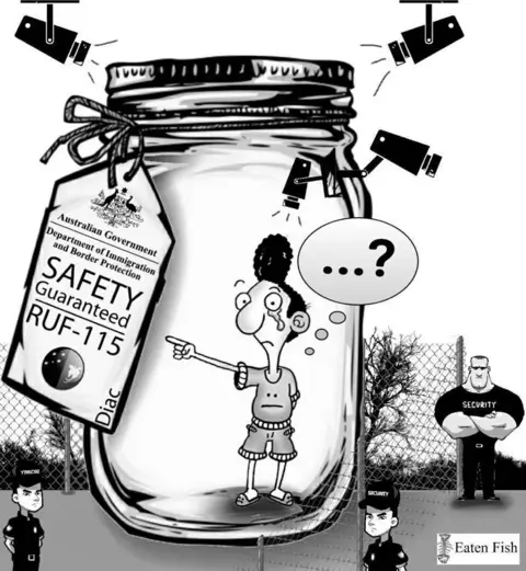 BBC Cartoon showing a tearful Ali Dorani trapped in a jar, surrounded by security cameras