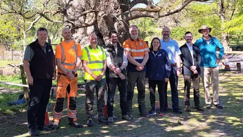 New Forest National Park Authority A group of eight men, some dressed in high-vis tops, and one woman stand in front of the Queen Oak.