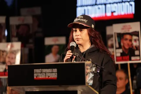 The Hostages and Missing Families Forum Ilana Gritzewsky speaking at a rally in Tel Aviv in March. The Hostages and Missing Families Forum