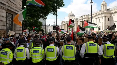 A row of police officers with their backs to the camera facing a huge crowd of protestors, some waving Palestinian flags 
