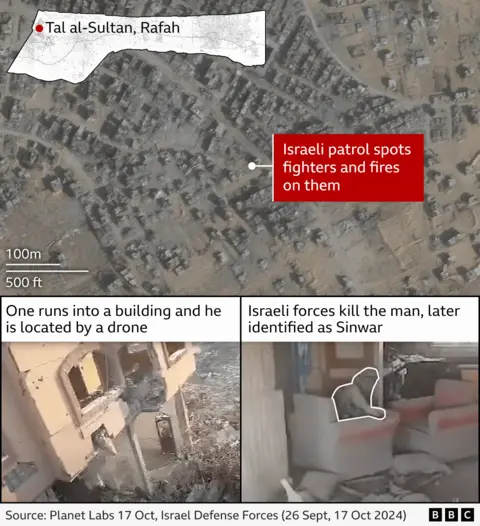 Graphic showing the location where Yahya Sinwar was killed. Top part of graphic shows satellite image of damaged buildings in Tal al-Sultan area of Rafah in southern Gaza. Bottom part of graphic shows a shell of a building with rubble on the ground and windows on first floor where drone entered. Second image shows figure sitting in armchair, later identified as Sinwar.